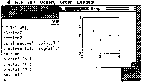 This is an image of an old apple computer screen, with some matlab code in a window in the background and a graph in a window in the foreground.