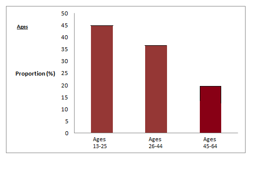 A bar graph showing age groups on the x-axis and percentages of Facebook users on the y-axis.