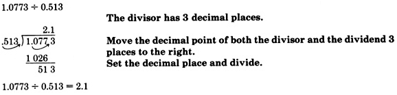 A long division problem showing zero point five one three dividing one point zero seven seven three. See the longdesc for a full description.