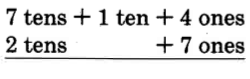Vertical subtraction. 7 tens + 1 ten + 4 ones, over 2 tens + 7 ones.