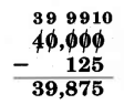 40,000 - 125. Each digit of 40,000 is crossed out, and above it from left to right are the numbers, 3, 9, 9, 9, and 10. The difference is 39,875.