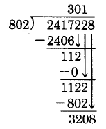 The third step of a long division problem. 802 goes into 1122 once, so a 1 is placed above and the ones digit is brought down. 