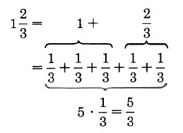 one and two thirds is equivalent to one plus two thirds. One can be expanded to three thirds, making the original number equivalent to the sum of five one-thirds, or five thirds.