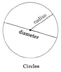 Circles. The distance across the circle is the diameter. The distance from the center of the circle to the edge is the radius.
