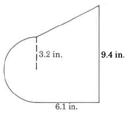 A trapezoid with a half-circle attached to one base. The half-circle's radius is 3.2in. The other base is 9.4in. The height of the trapezoid is 6.1in.