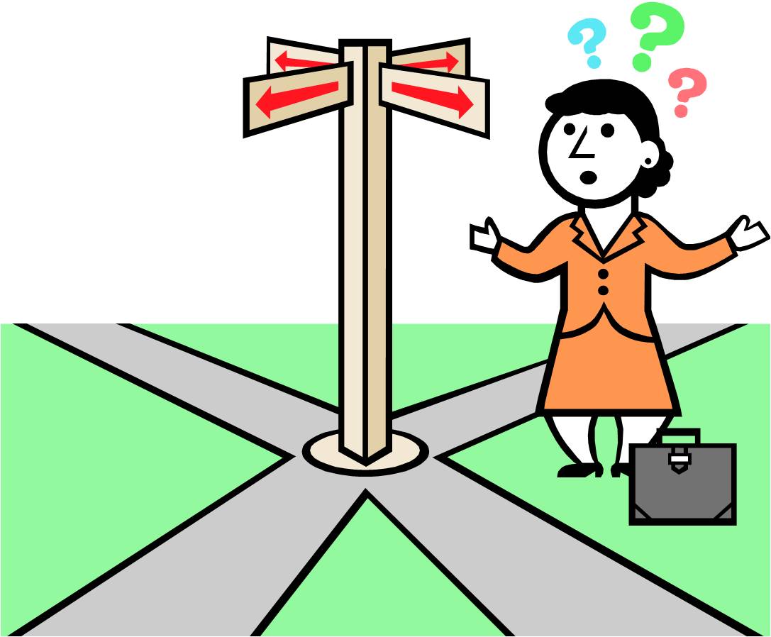 A confused woman stands before a signpost pointed all four ways.