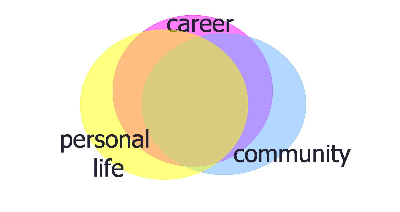 Three circles, entitled career, personal life, and community, overlapping nearly completely.