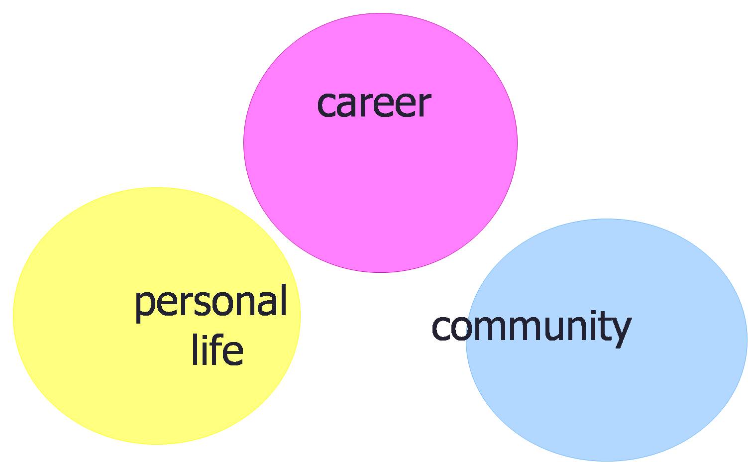Three circles, entitled career, personal life, and community, not overlapping.
