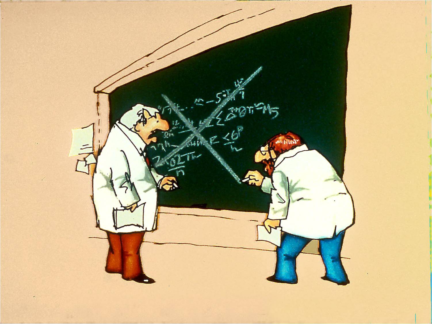 A professor carefully marks a giant X through a colleague's work on a chalkboard.