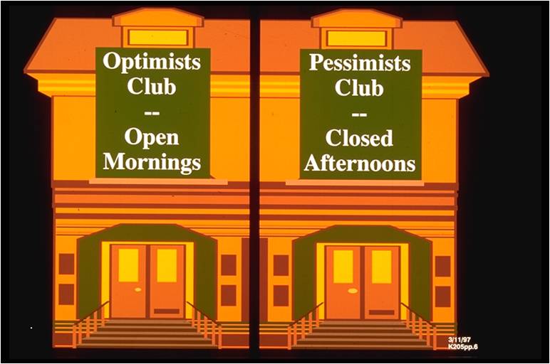 One half of a building says 'Optimists' Club: Open Mornings'. The other half says 'Pessimists' Club: Closed Afternoons'.
