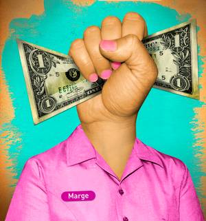 A fist clutching money stands out from the collar of a pink shirt.