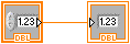 An orange square attached to another orange square on the right via an orange line. The bottom of the square contains the letters 'DBL'.