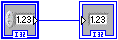 An blue square attached to another blue square on the right via an blue line. The bottom of the square contains the letters 'I32'.