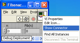 A screen cap of a windows window with a menu present. The item  'show connector'is highlighted.