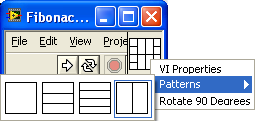 A screen cap of a windows window showing a menu with the item 'patterns' highlighted and a row of icon indicating which patterns can be selected for the Connector Pattern.