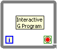 A small diagram containing a small blue box containing an 'i' in the lower left hand corner and a red button icon on the lower right corner. In the middle of the diagram is a small box containing the phrase 'Interactive G Program'.