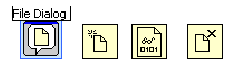 A row of four icons. The First icon is contained within a light blue box and is labeled 'File Dialog'.