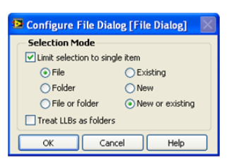 A typical Windows window. It is labeled 'Configure File Dialog [File Dialog]'. Contained in the window is a form with the top option selected 'Limit Selection to single item' below that the options 'File' and 'New or existing'. At the bottom of the form there are the buttons, 'ok', 'concel' and 'Help'. 
