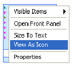 A screencap of a menu. From top to bottom the menu options are 'Visible Items', 'Open Front Panel', 'Size To Text', 'View As Icon' and 'Properties'. 'View As Icon' is highlighted blue.