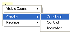 A screencap of a typical menu. The first menu has the item 'Create' selected and then points a nested menu with the item 'Constant' highlighted.