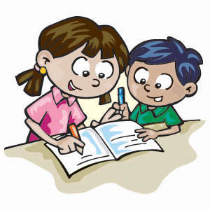 A picture of Sankhya and Ganith working in a maths book.
