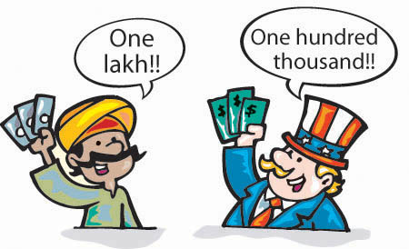 A picture of a man from the East and another from the West saying 'one lakh' and 'one hundred thousand' respectively.