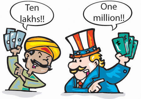 A picture of a man from the East and another from the West saying angrily to each other 'ten lakhs' and 'one million' respectively.