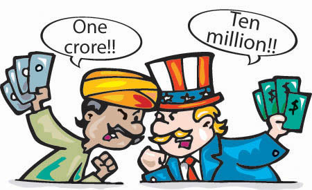 A picture of a man from the East and another from the West screaming at each other 'one crore' and 'ten million' respectively.