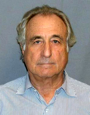 In figure (b), a photograph of a man in a blue shirt (Bernie Madoff) is shown.