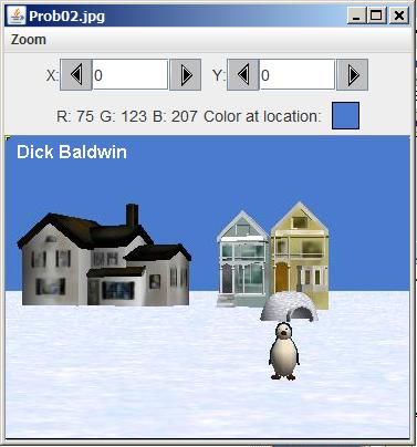 Image of a penguin in the snow in front of some houses.