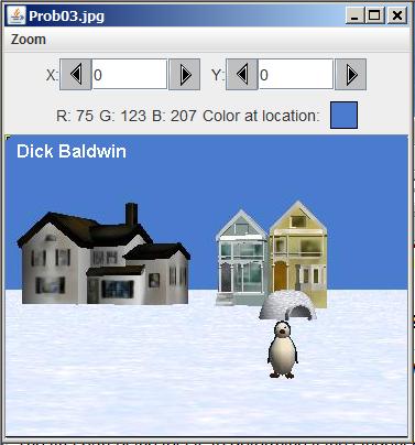 A penguin in the snow in front of some houses.