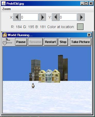 Image of a frozen lake with a penguin and some buildings on the far shore.