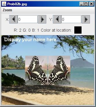 This is the composite image with the cropped and flipped images of the butterfly superimposed on the beach scene on each side of center.
