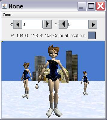 Image of three ice skaters on the frozen lake wearing a blue costume.