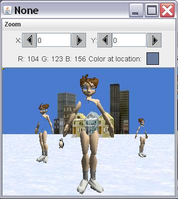 Image of three ice skaters on the frozen lake. However, the image of the ice skater is transparent in the areas of the blue costume allowing the background to show through.