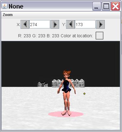 Image of a red-tinted ice skater standing on a pink ellipse with a gray scale background of a frozen lake.