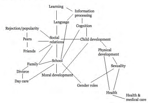 A university professor's concept map, significantly different from that of the teacher, with fields such as social relations, school, information processing, and moral development.