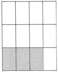 A rectangle divided into twelve parts in a pattern of four rows and three columns. Three of the parts are shaded.