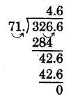 Long division. 32.66 divided by 7.1. Move the decimal place to the right for both numbers, making 326.6 divided by 71. 71 goes into 326 4 times, with a remainder of 42. Bring down the 6. 71 goes into 426 6 times, with a remainder of zero. The quotient is 4.6
