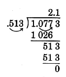 Long division. 1.0773 divided by .513. Move the decimal place three spaces to the right. 513 goes into 1077 twice, with a remainder of 51. Bring down the 3. 513 goes into 513 exactly once. The quotient is 2.1.