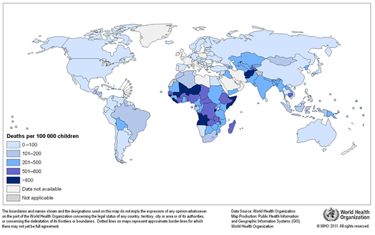 map of deaths by country from diarrhea caused by unsafe water, etc. in 2004