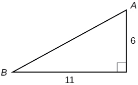 A right triangle with side lengths of 11 and 6. Corners A and B are also labeled.