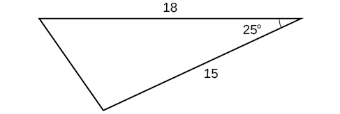 A triangle. One angle is 25 degrees. The two sides adjacent to that angle are 18 and 15