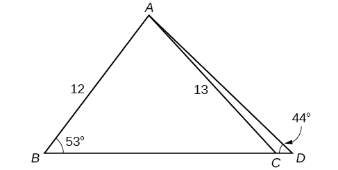 A triangle inside a triangle. The outer triangle is formed by vertices A, B, and D. Side B D is the base. The inner triangle shares vertices A and B. The last vertex C is located on the base side of the outer triangle between vertices B and D. Angle B is 53 degrees, angle D is 44 degrees, side A B is 12, and side A C is 13.