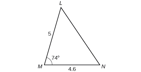 A triangle with vertices M, N, and L. Side M N is the horizontal base and is 4.6. Angle M is 74 degrees, and side M L is 5.