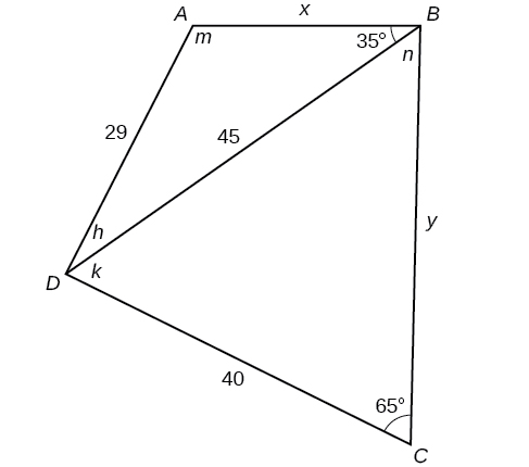 A quadrilateral with vertices A, B, C, and D. There is a diagonal from vertex B to vertex D of length 45. Side A B is x, side B C is y, side C D is 40, and side D A is 29. Angle A is m degrees, angle C is 65 degrees, angle A B D is 35 degrees, angle D B C is n degrees, angle B D C is k degrees, and angle A D B is h degrees.