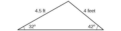 A triangle. One angle is 32 degrees with opposite side = 4. Another angle is 42 degrees with opposite side = 4.5.