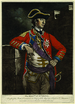 A portrait of General William Howe is shown. He wears a red military coat, a tricorner hat, and a sword.