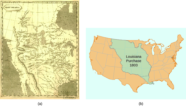 Map (a) shows the territory added to the United States in the Louisiana Purchase as the mapmakers of the time envisioned it. Map (b) shows the modern United States, with the land acquired in the Louisiana Purchase shaded, a huge chunk of the middle of the country.