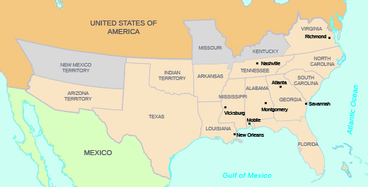 A map shows the Confederate states and regions, including Arizona territory; Texas; Indian territory; Arkansas; Louisiana (with New Orleans labeled); Tennessee (with Nashville labeled); Mississippi (with Vicksburg labeled); Alabama (with Montgomery and Mobile labeled); Georgia (with Atlanta and Savannah labeled); Florida; Virginia (with Richmond labeled); North Carolina; and South Carolina.